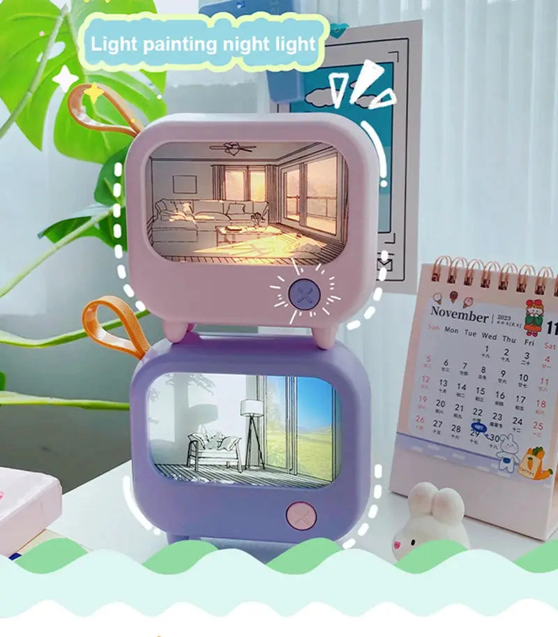 Simples Market TV painting night light dual-screen pastel mini LED lamp for kids; purple top, blue bottom
