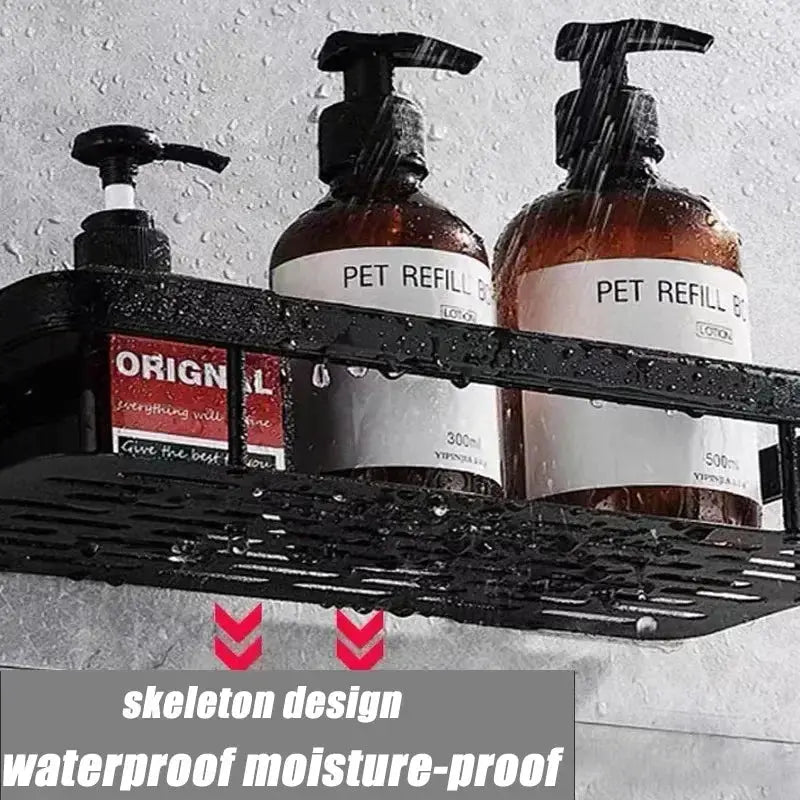 Shower shelf organizer by Simples Market, aluminum alloy no-drill bathroom rack in black, holds shampoo bottles