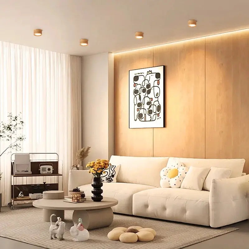 GX53 Downlight Wooden Ceiling Lamp set of five in a modern living room with warm LED lighting