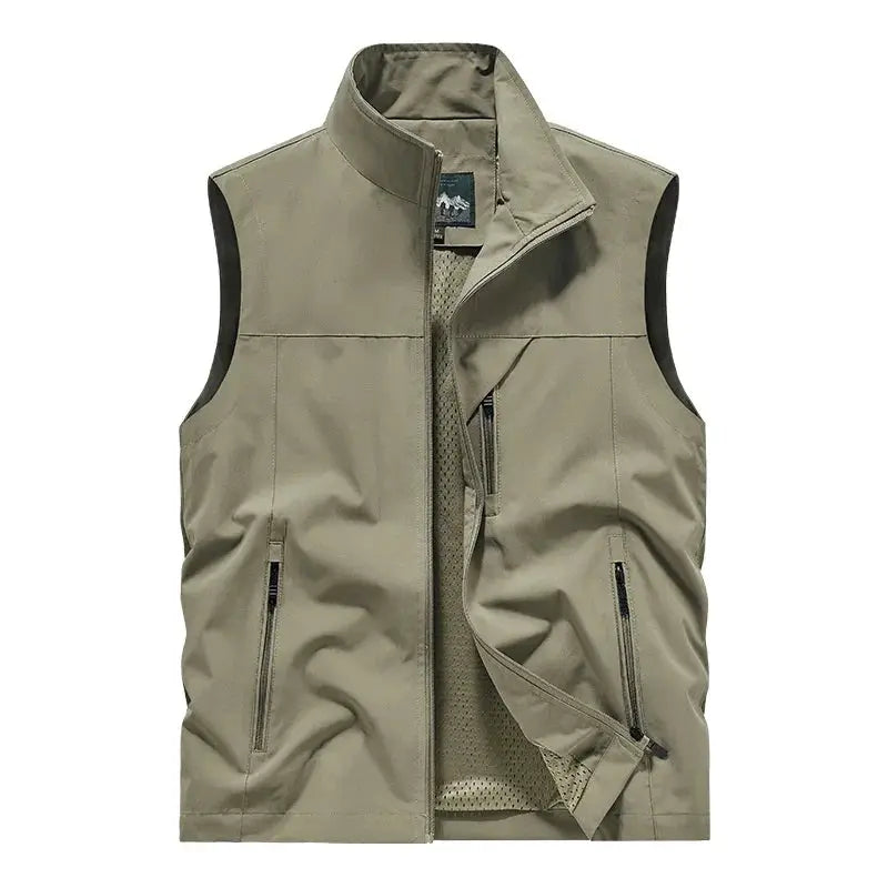 Simples Market men's windproof khaki sleeveless vest with mesh lining and zip pockets
