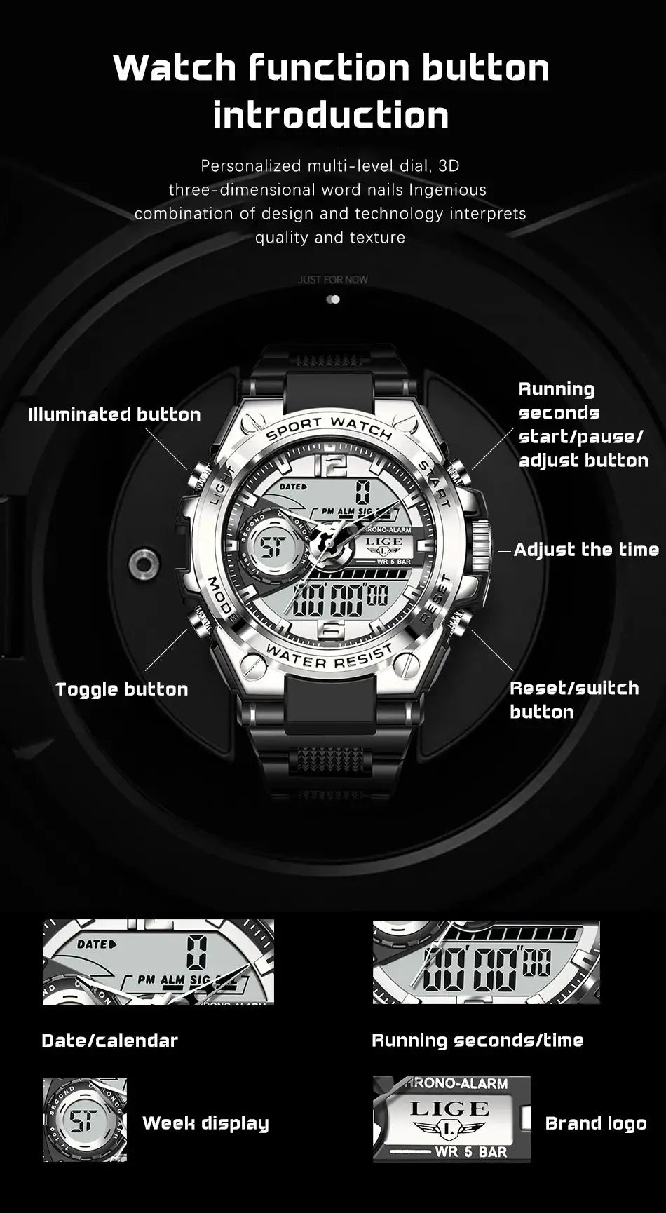 LIGE men's military sport watch with digital LED display, 50m water resistant, silver case and black strap.