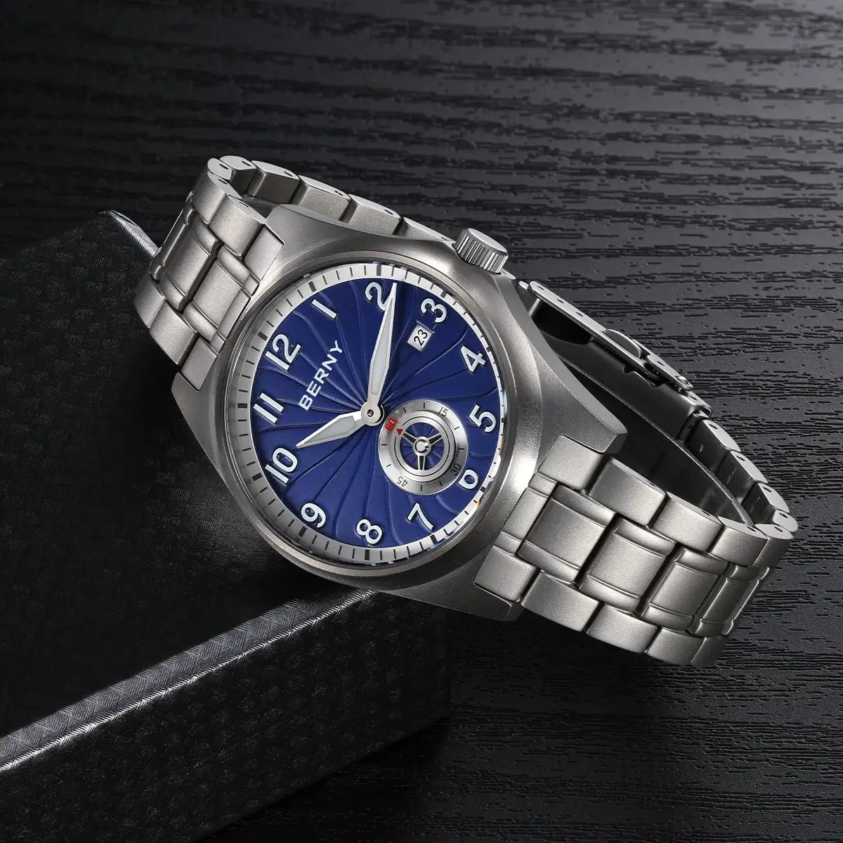 BERNY titanium automatic men's watch with blue dial and metal bracelet