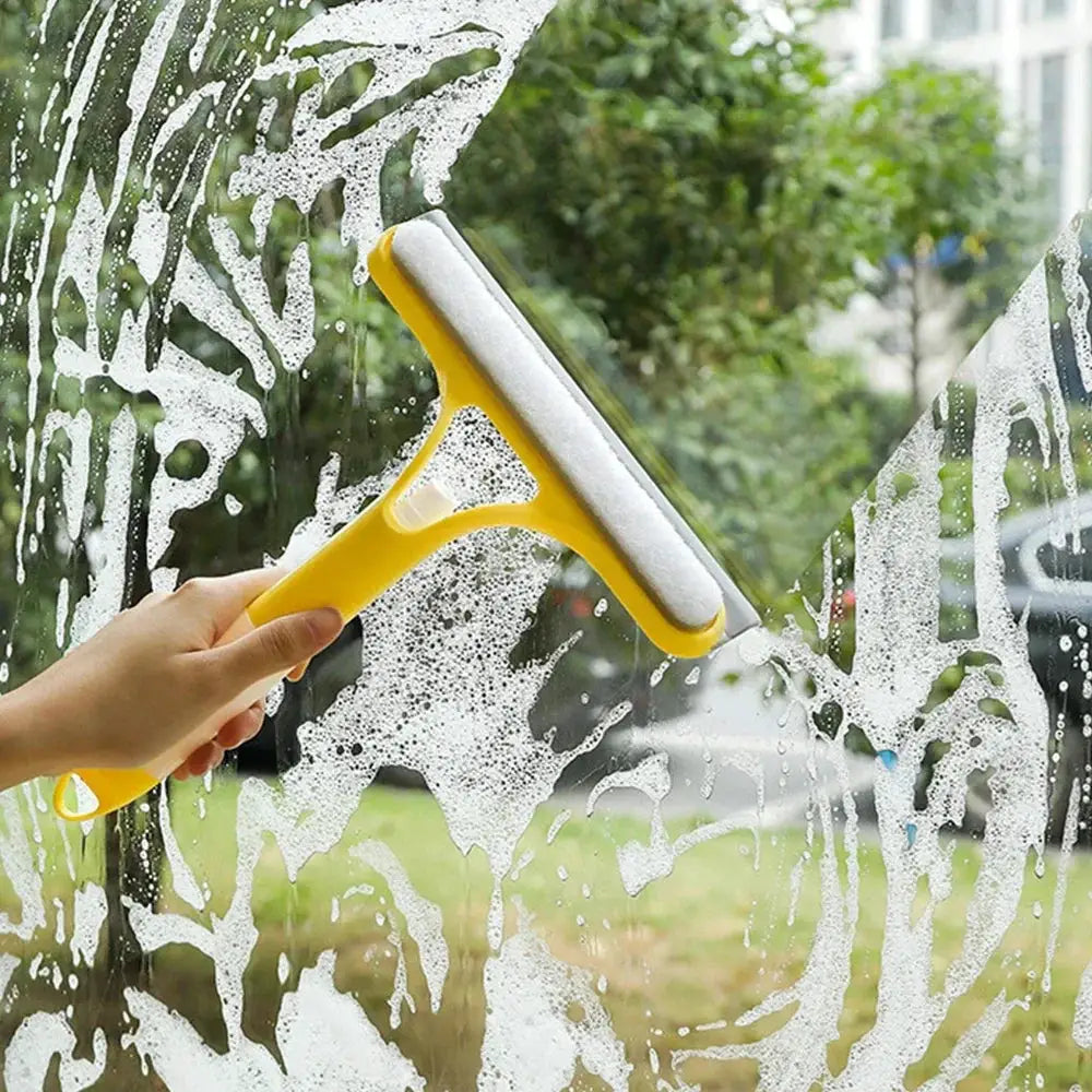 3-in-1 window cleaning squeegee with yellow handle and microfiber scrub for glass