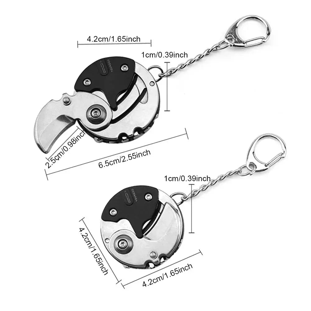 Simples Market multifunctional keychain tool, folding hex coin knife, black and silver, two EDC keychains.