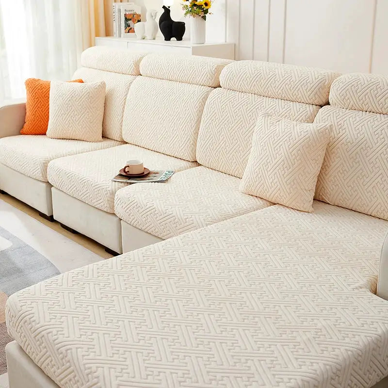 Sofa slipcover set in beige jacquard with stretch cushion covers for sectional, Simples Market furniture protector