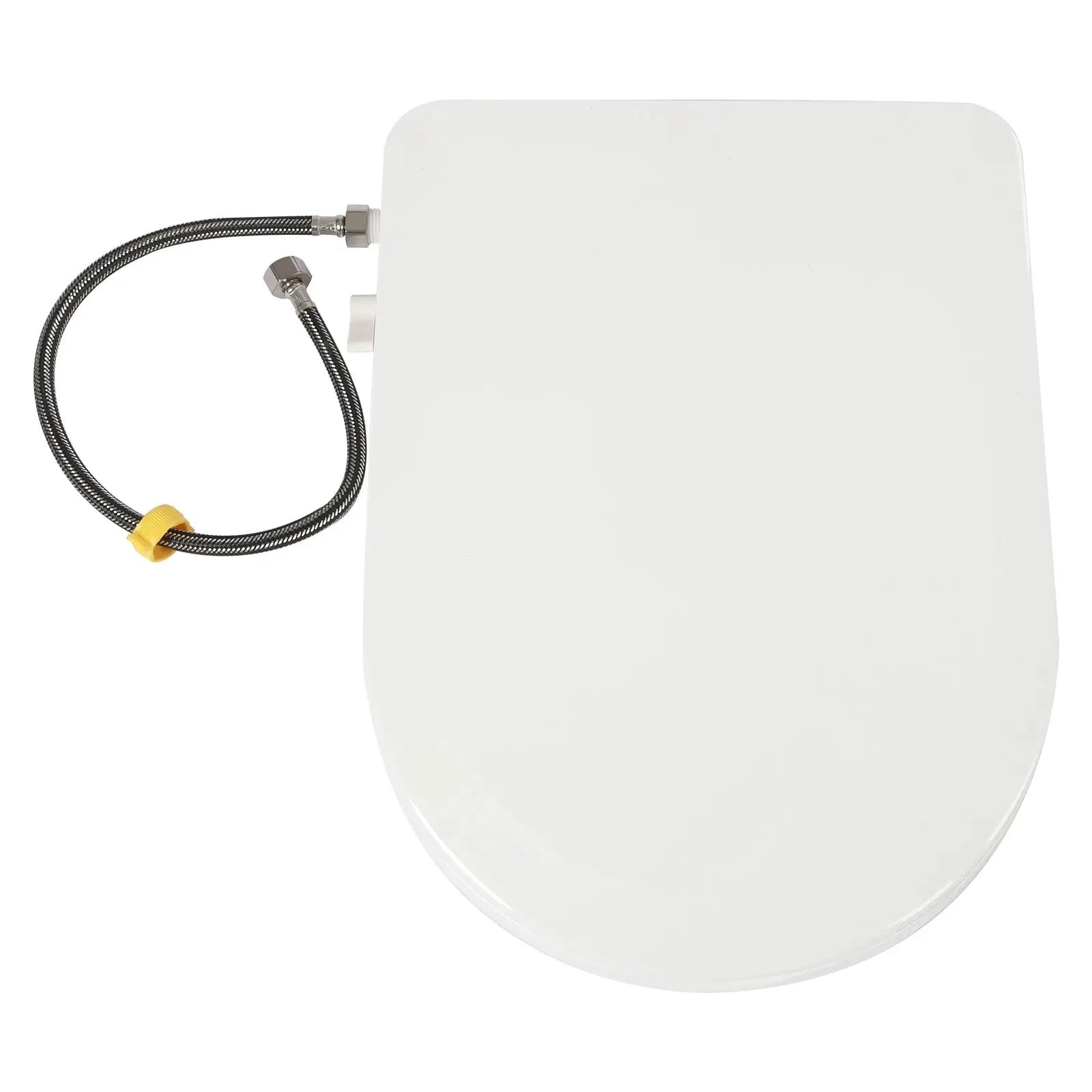 Non-Electric bidet toilet seat for elongated toilets; white with braided stainless hose and yellow ring