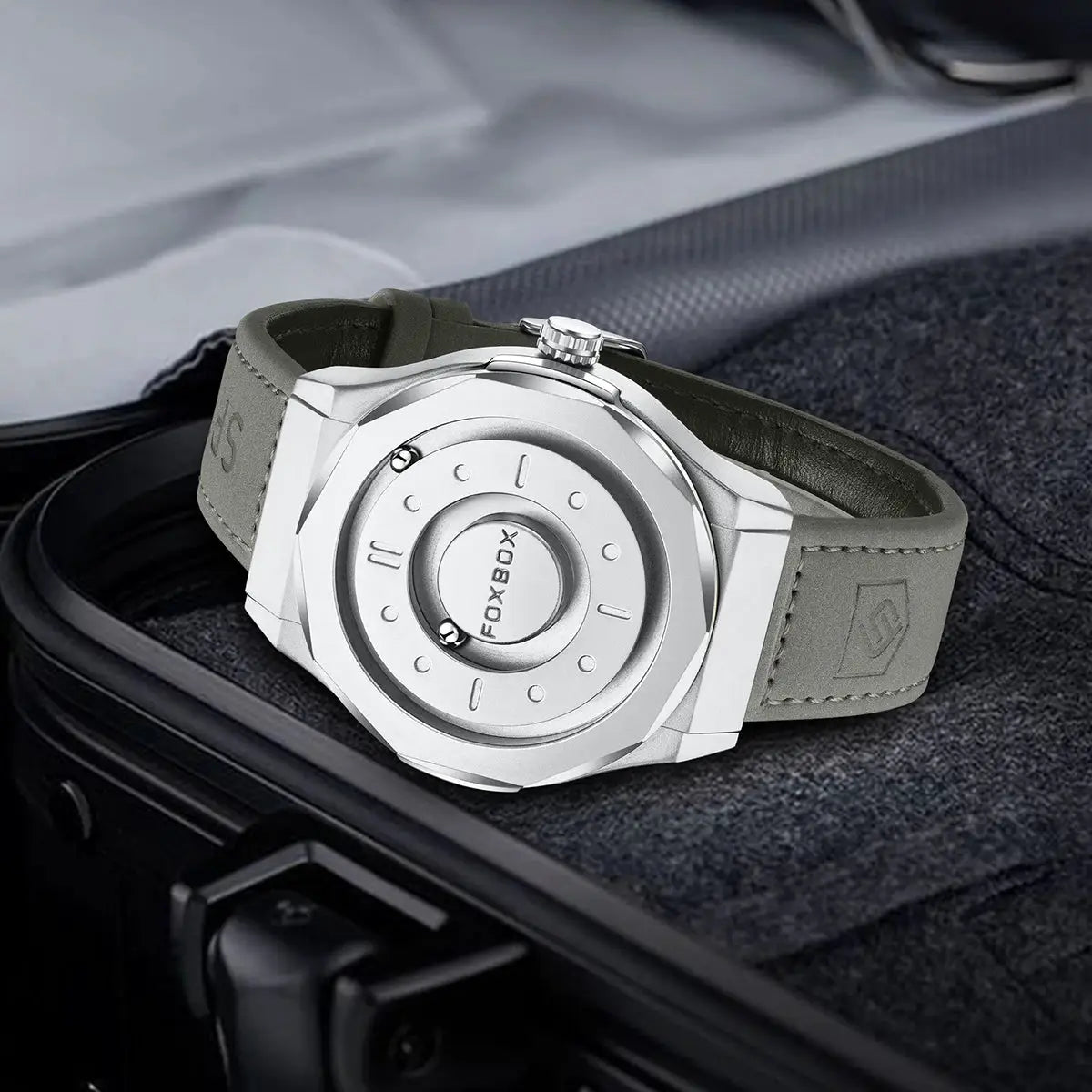 FOXBOX men's stainless steel quartz watch with a gray leather strap and screw-back case, boxed