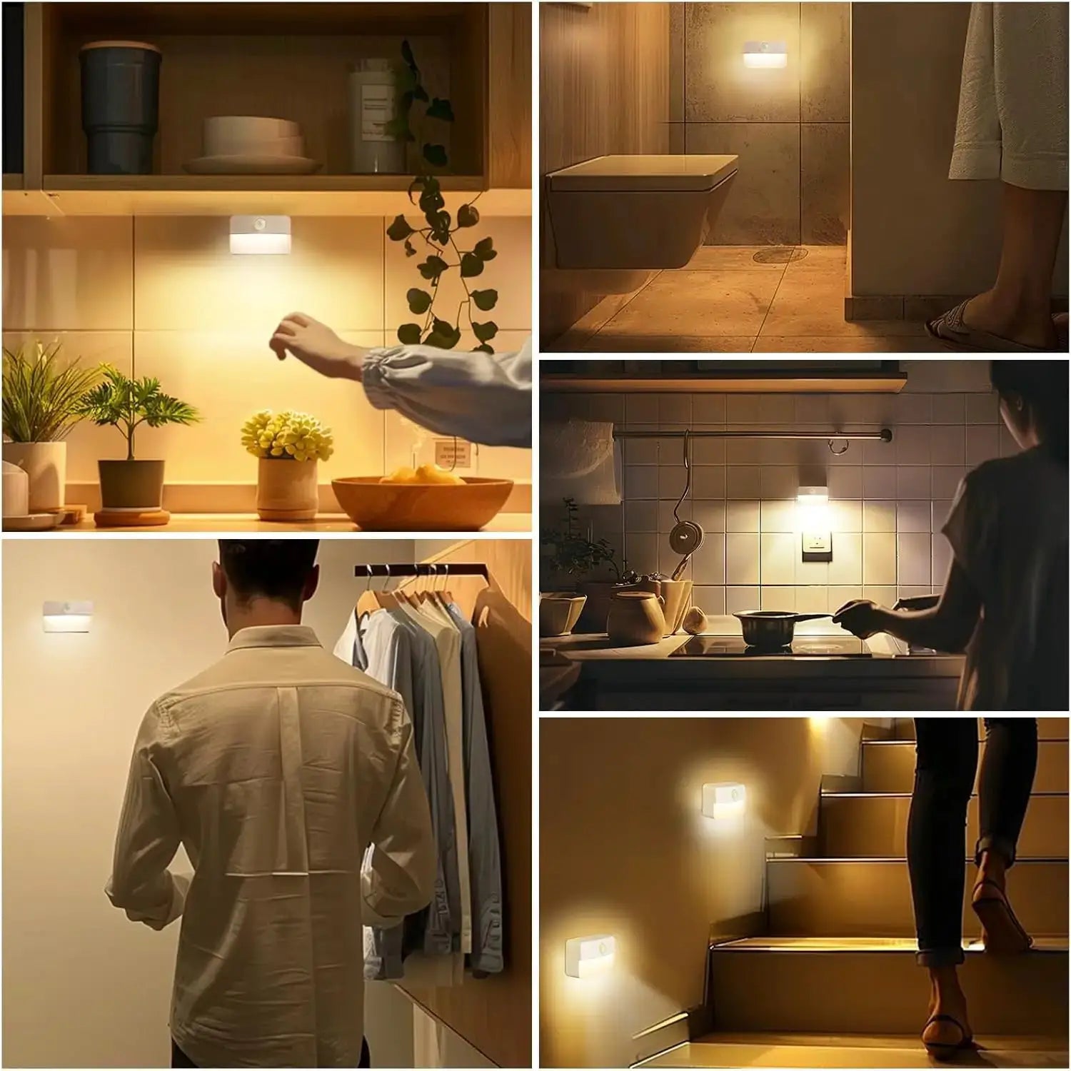 LED night light with motion sensor; white, battery-powered, wireless, for bedroom/closet/stairs.