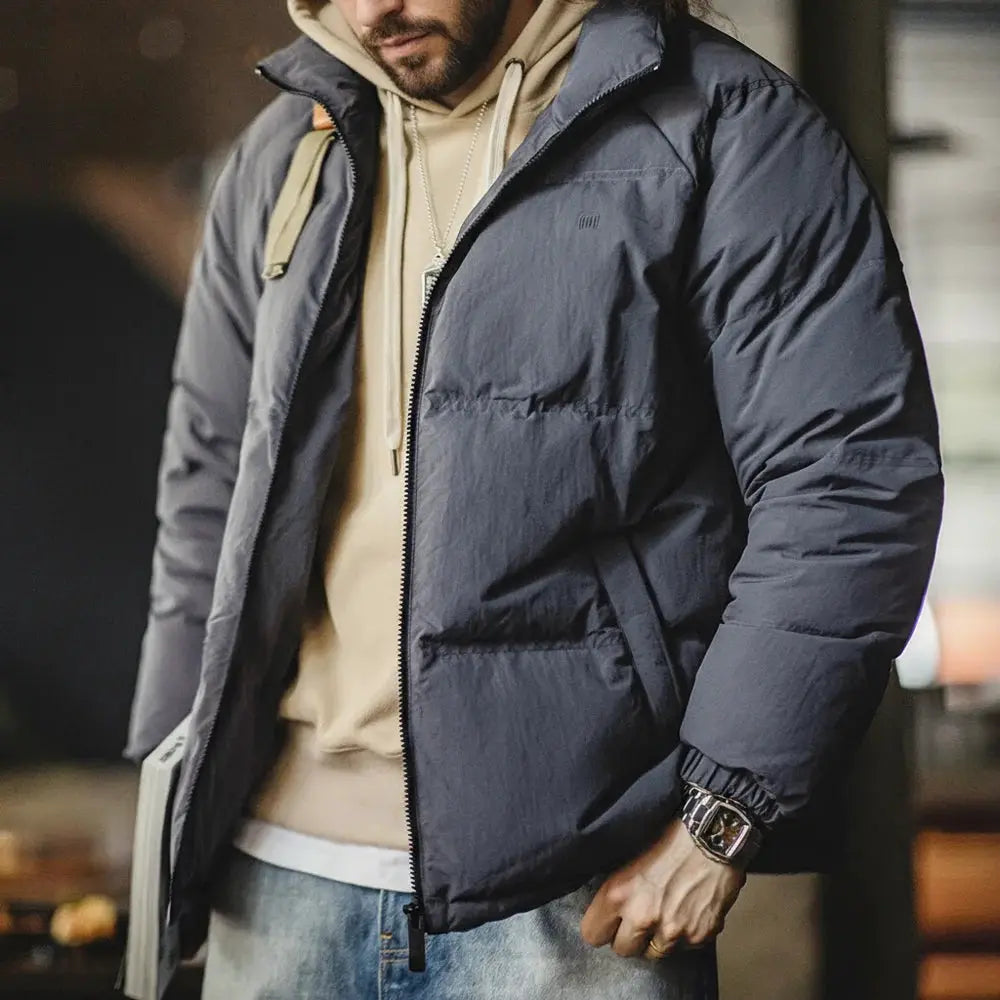 Maden men's navy duck-down puffer jacket with stand-up collar and zip closure