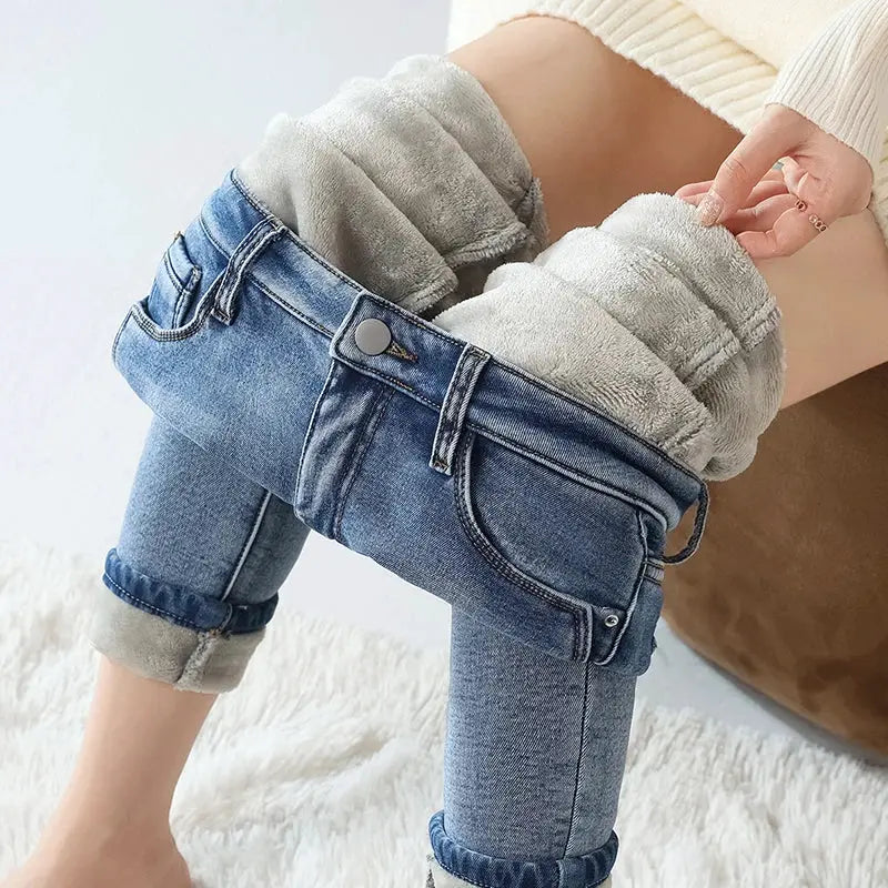 Women Thermal Jeans Fleece Lined Warm Stretch Slim Fit Pants Korean