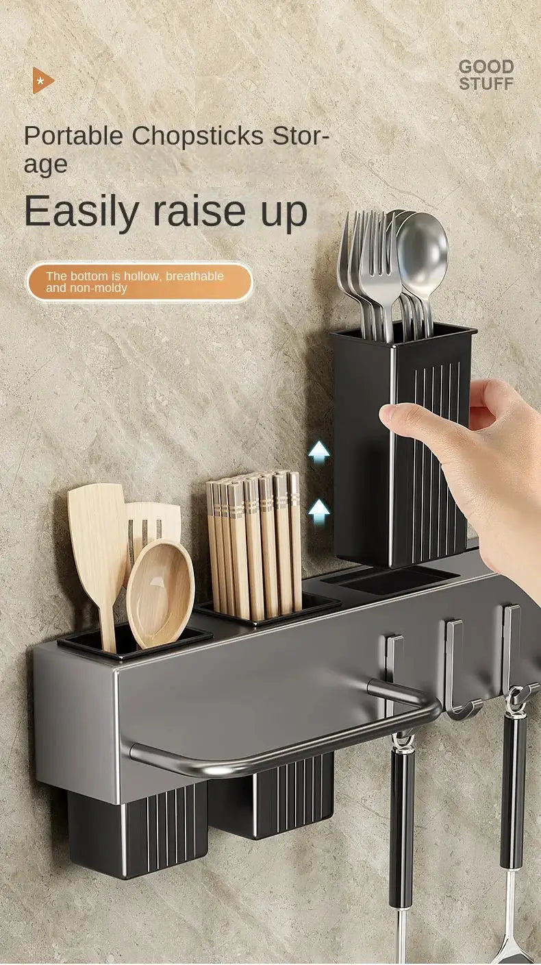 Tool-free kitchen shelf organizer by Simples Market with wall-mounted chopstick holder and utensil hooks