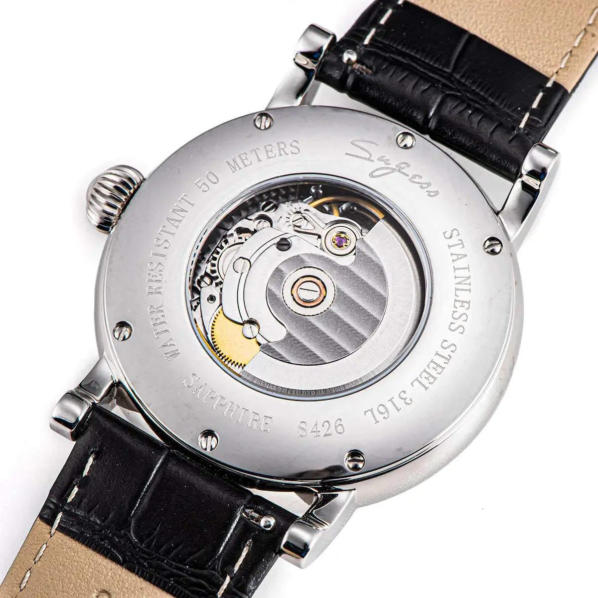 Sugess Moonphase men's automatic watch with stainless steel case, sapphire glass, and black leather strap