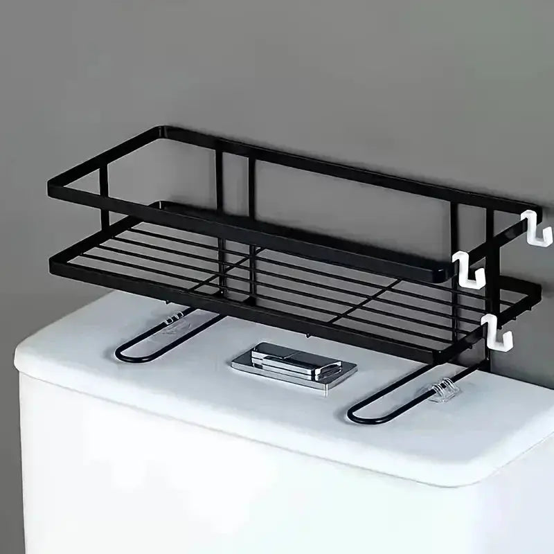 Bathroom over-the-toilet storage shelf, black metal 2-tier organizer.