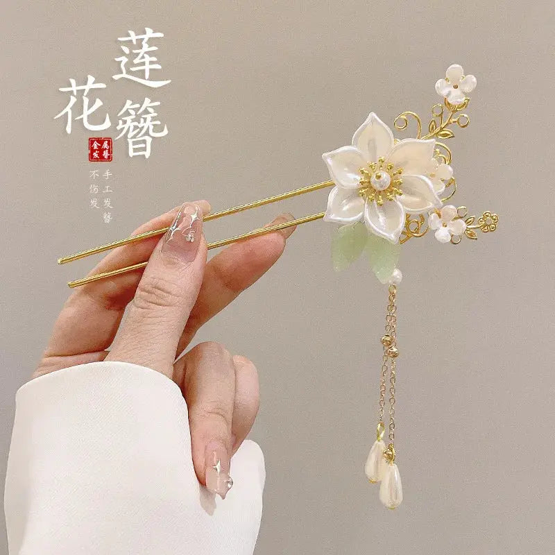 Elegant Chinese Style Romantic Enameled Flower Tassel Hair Clip Alloy Jewelry Hairpin For Women Fashion Accessory