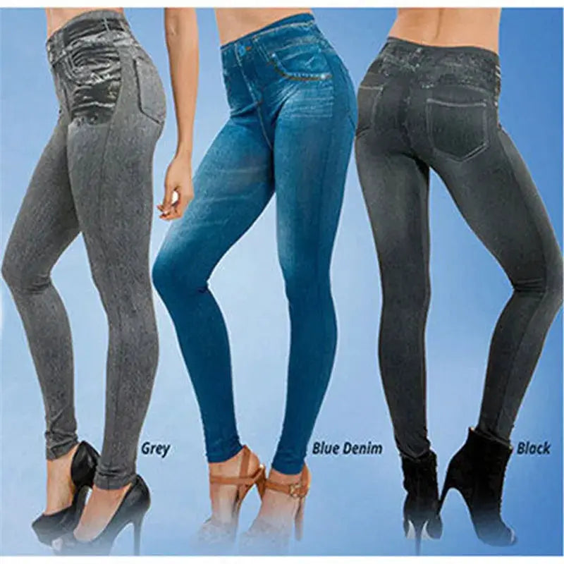 Simples Market denim printed leggings set; high-waist, ultra-elastic; grey, blue denim, black slim-fit styles (3 pcs)