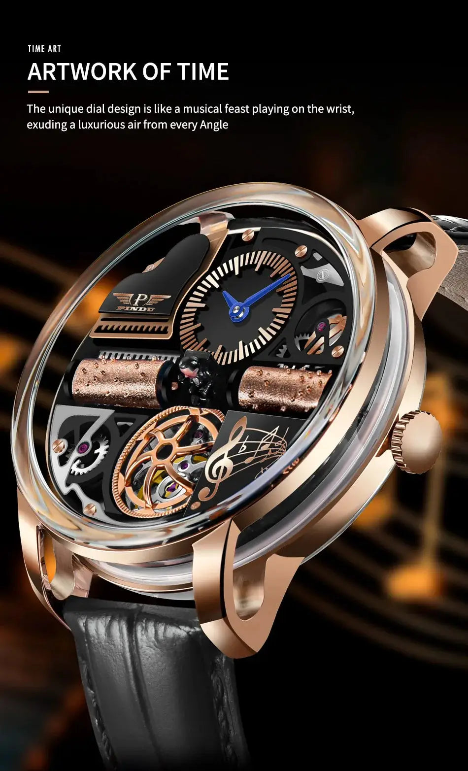 PINDU skeleton watch, rose-gold stainless steel case, sapphire glass, blue hands, leather strap