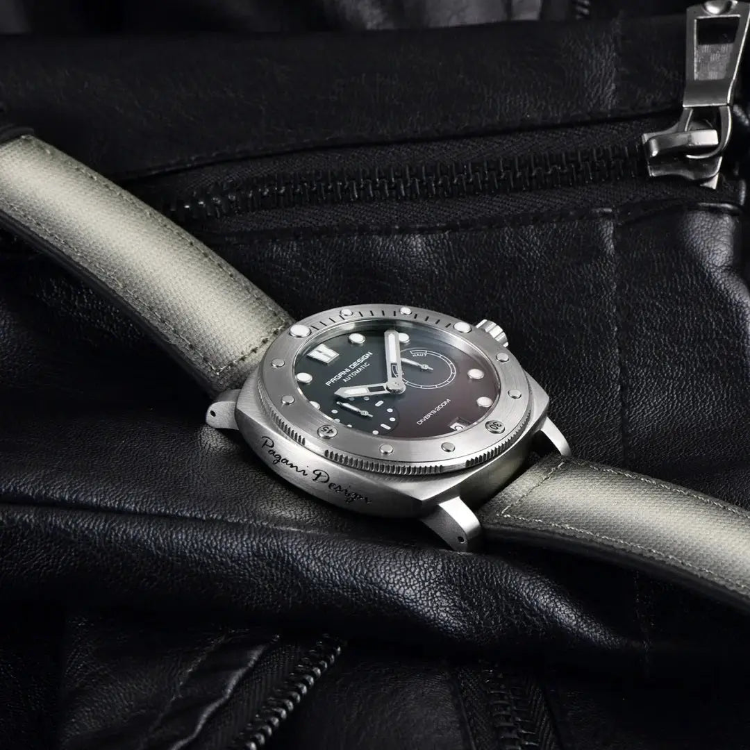 PAGANI Design men's automatic mechanical watch with stainless steel case and gray strap, 200m water resistant