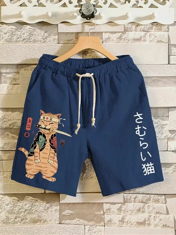 Blue quick-dry swim shorts with drawstring, samurai cat graphic on left leg and Japanese text on right leg