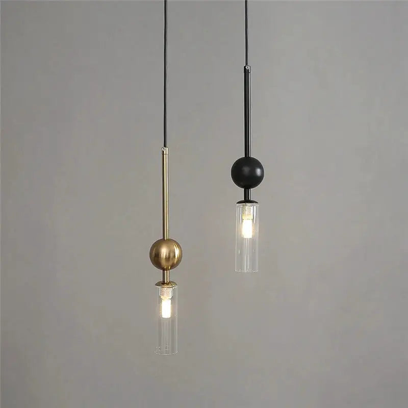 Pendant lights pair in gold and black iron with glass cylinder shades, LED hanging lamps