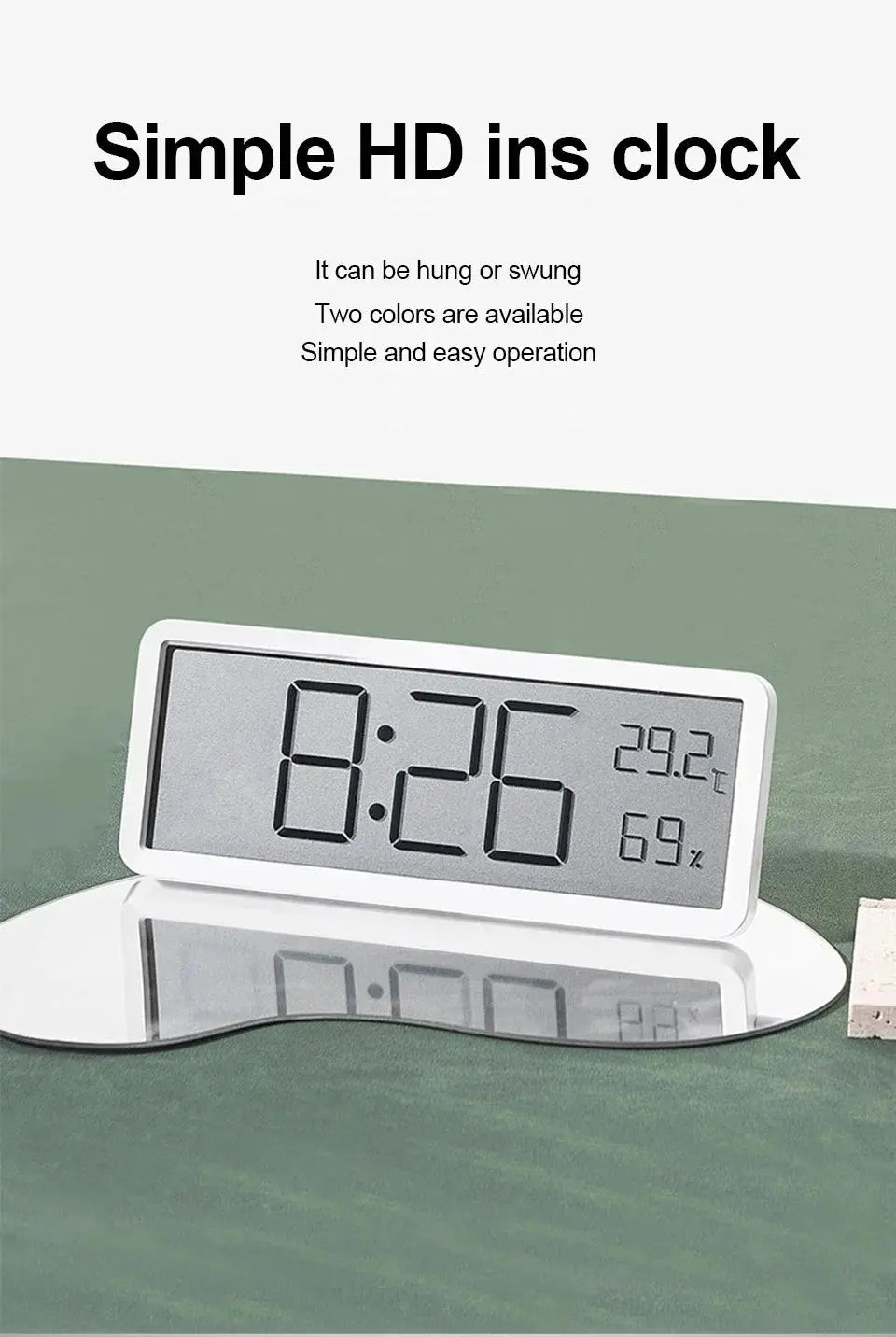 Simples Market LCD digital wall clock, white frame, large time display, 29.2°C / 69% humidity