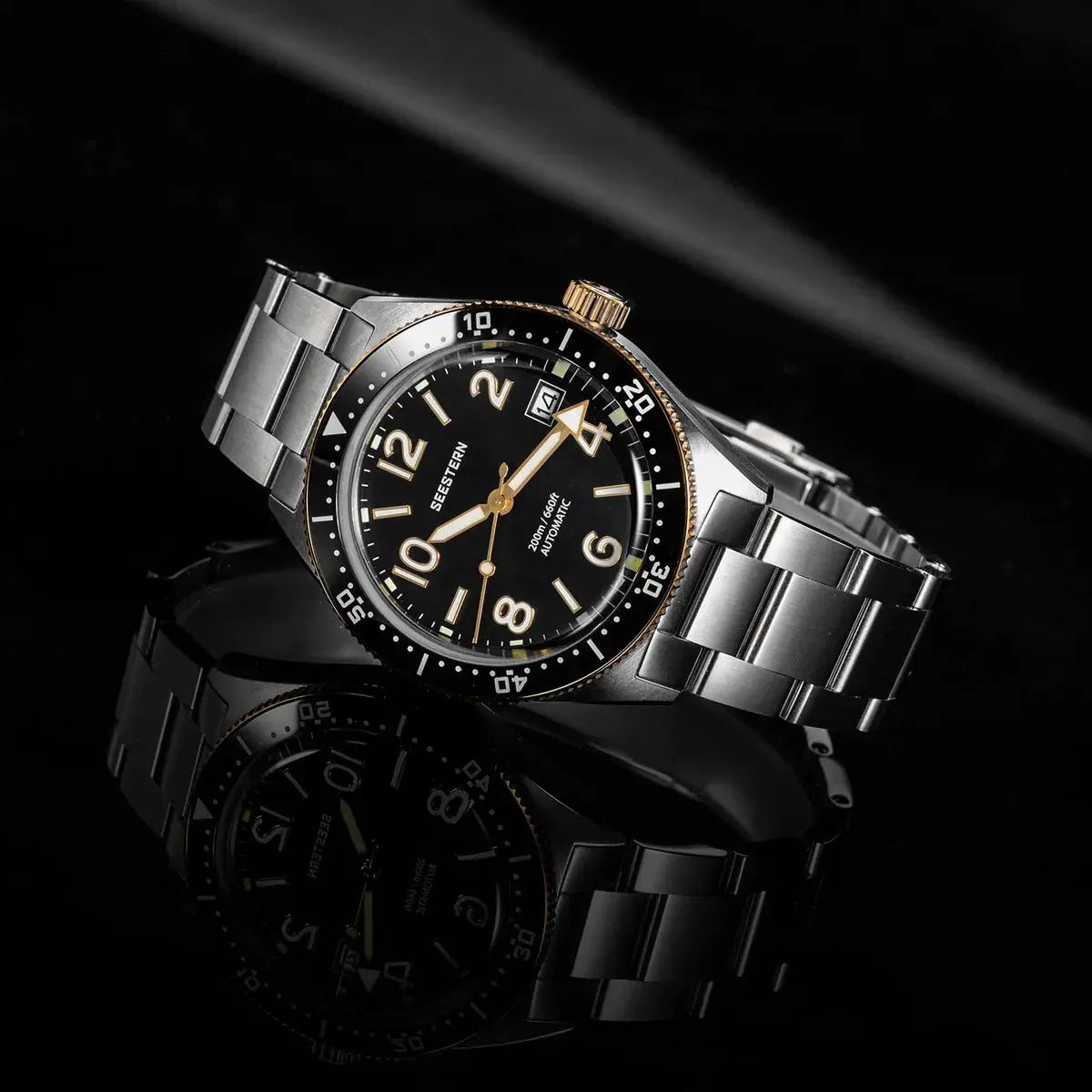 SEESTERN Diver men's watch, stainless steel bracelet, black dial, 200m water resistant