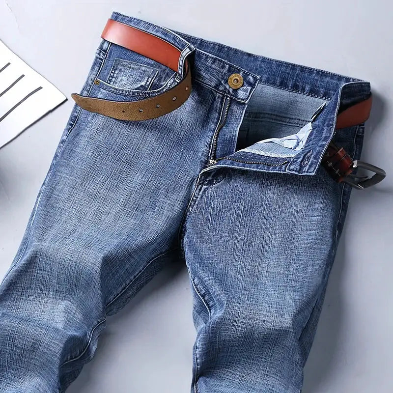 Men's blue denim jeans with brown leather belt, casual straight-stretch fit