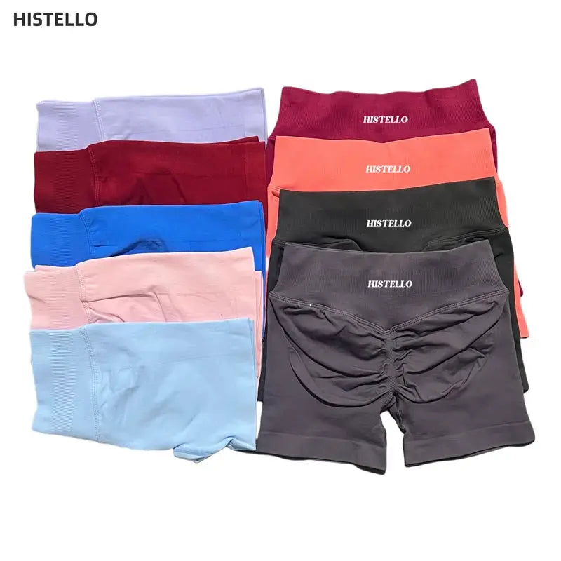 HISTELLO women's low-waist seamless scrunch shorts, breathable fabric, assorted colors, 9-pack for gym, run, yoga