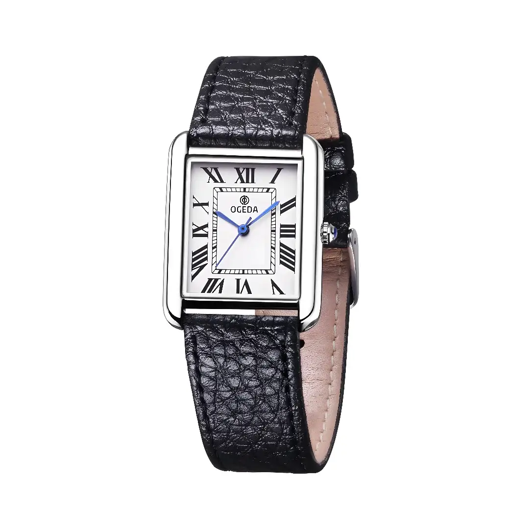 OGEDA waterproof couple watch with black leather strap, square dial and blue hands
