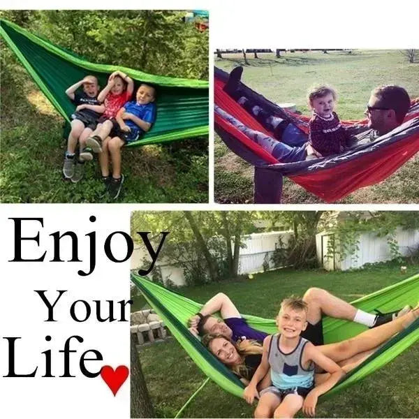 Outdoor single camping hammock by Simples Market; three green and red nylon parachute fabric hammocks shown