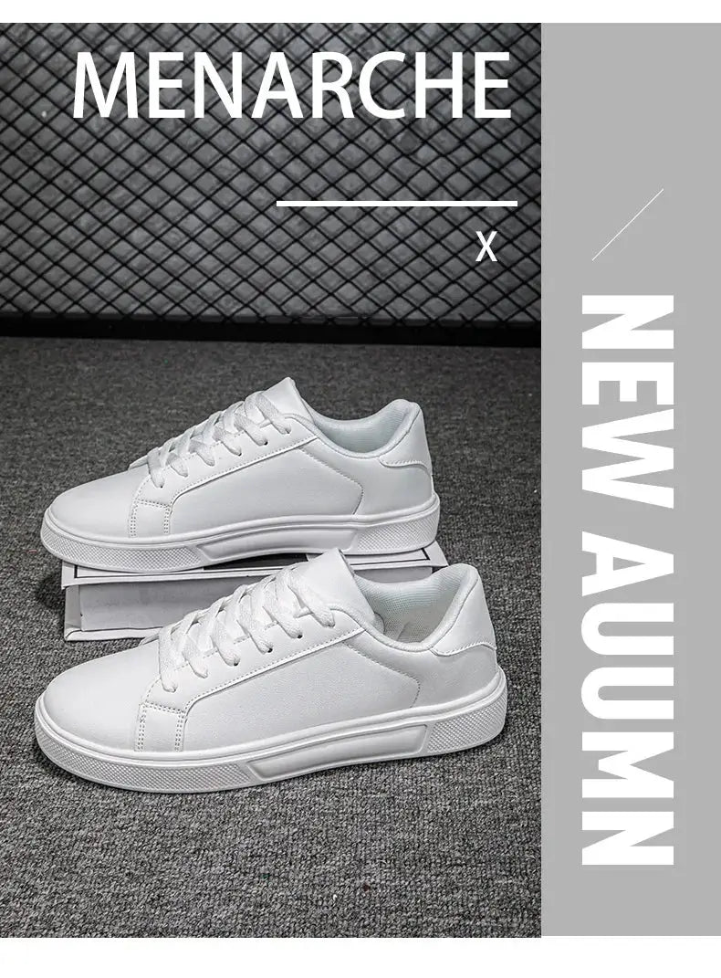 Men’s white PU leather sneakers, casual vulcanized style pair