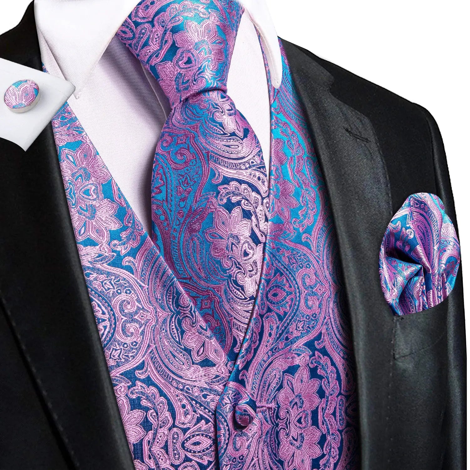 Mens paisley wedding vest and necktie set in blue, purple and pink with matching pocket square
