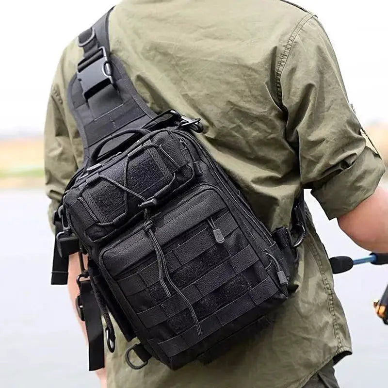 Simples Market tactical sling bag, black, MOLLE crossbody daypack for outdoor hiking