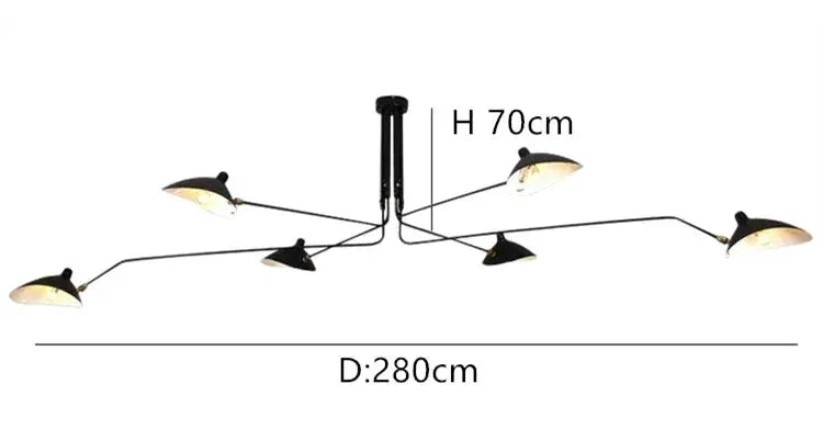 Modern spider pendant light by Simples Market, six-arm black metal fixture, 70cm high, 280cm diameter.