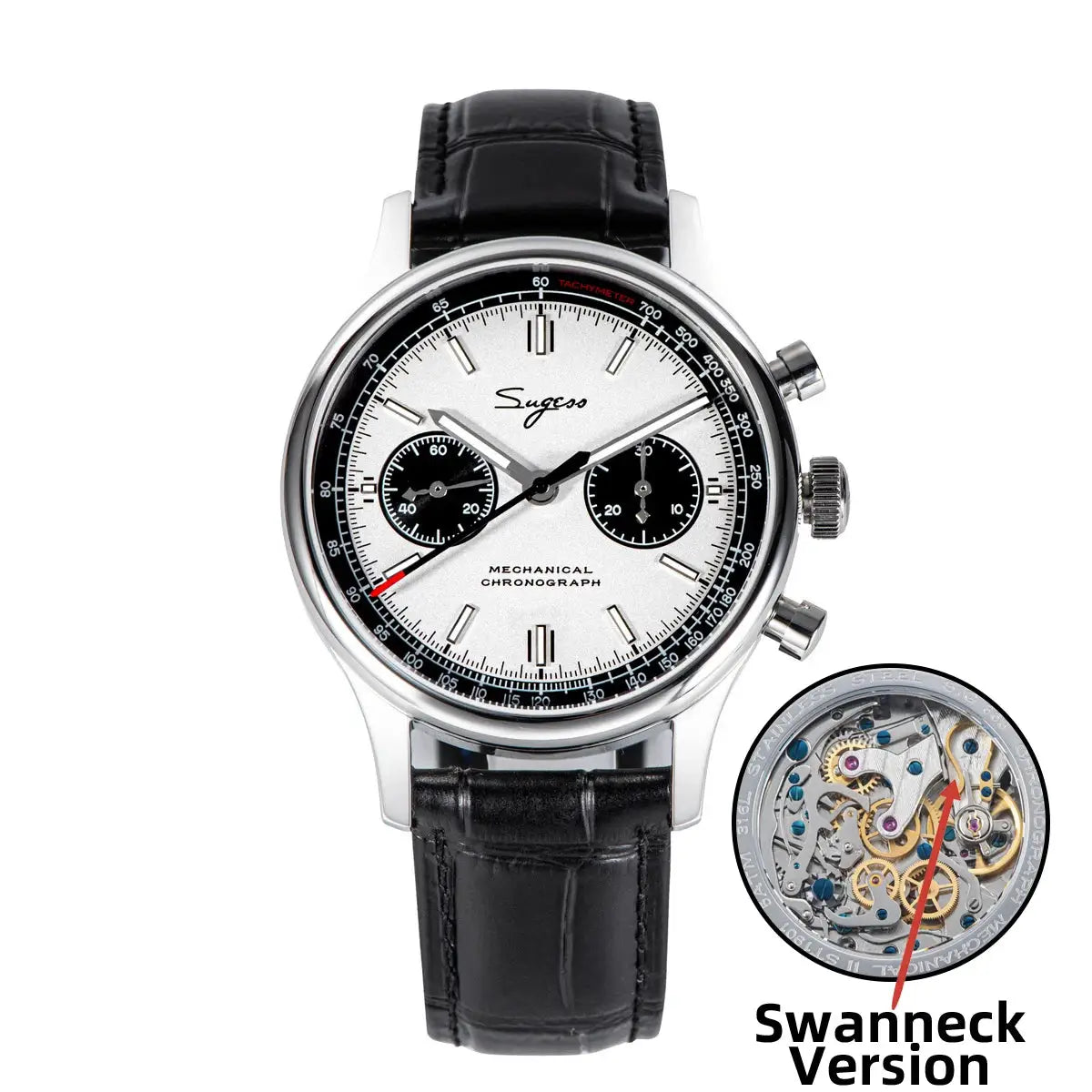 Sugess 1963 Pilot men's mechanical chronograph watch with panda dial, stainless steel case, black leather strap