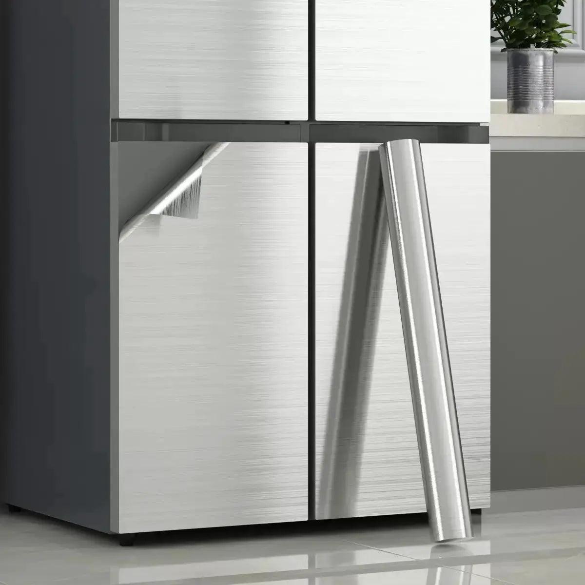Removable PVC wallpaper in stainless brushed silver; Simples Market, waterproof vinyl for appliances