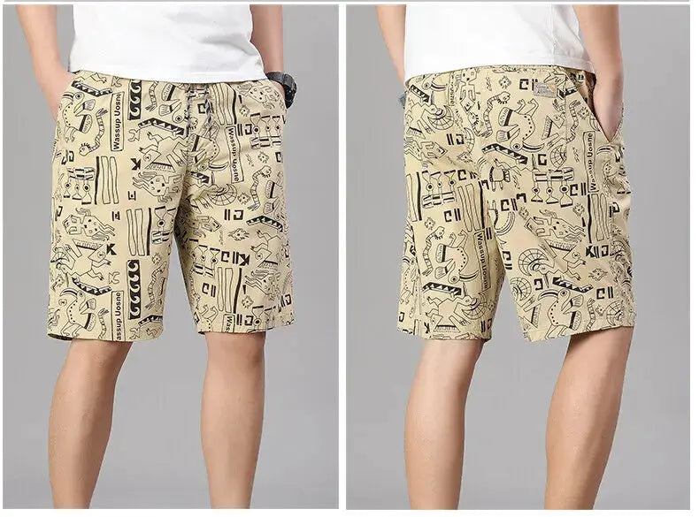 Men's beige printed cotton shorts with elastic waist; casual beach and running shorts in a relaxed fit