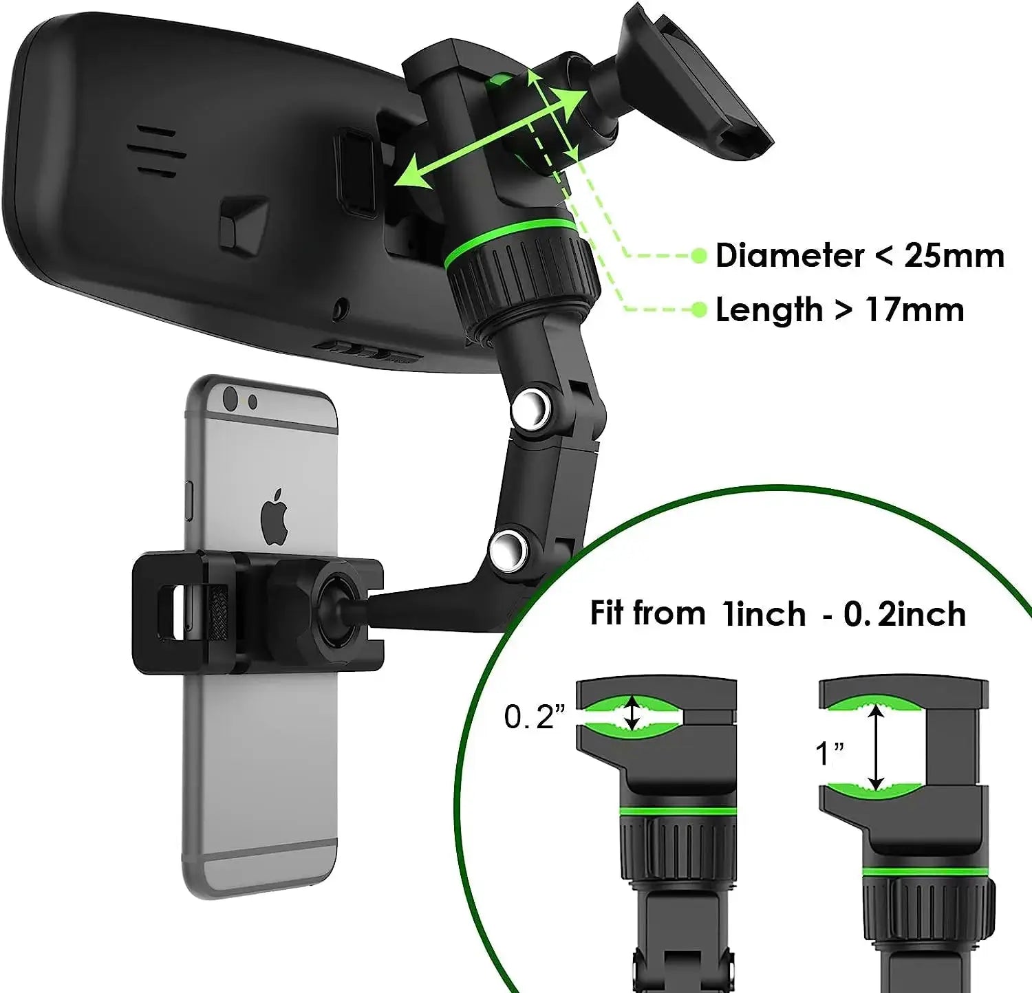 Rearview mirror phone holder by Simples Market, 360° rotatable and retractable car mount fits all cars