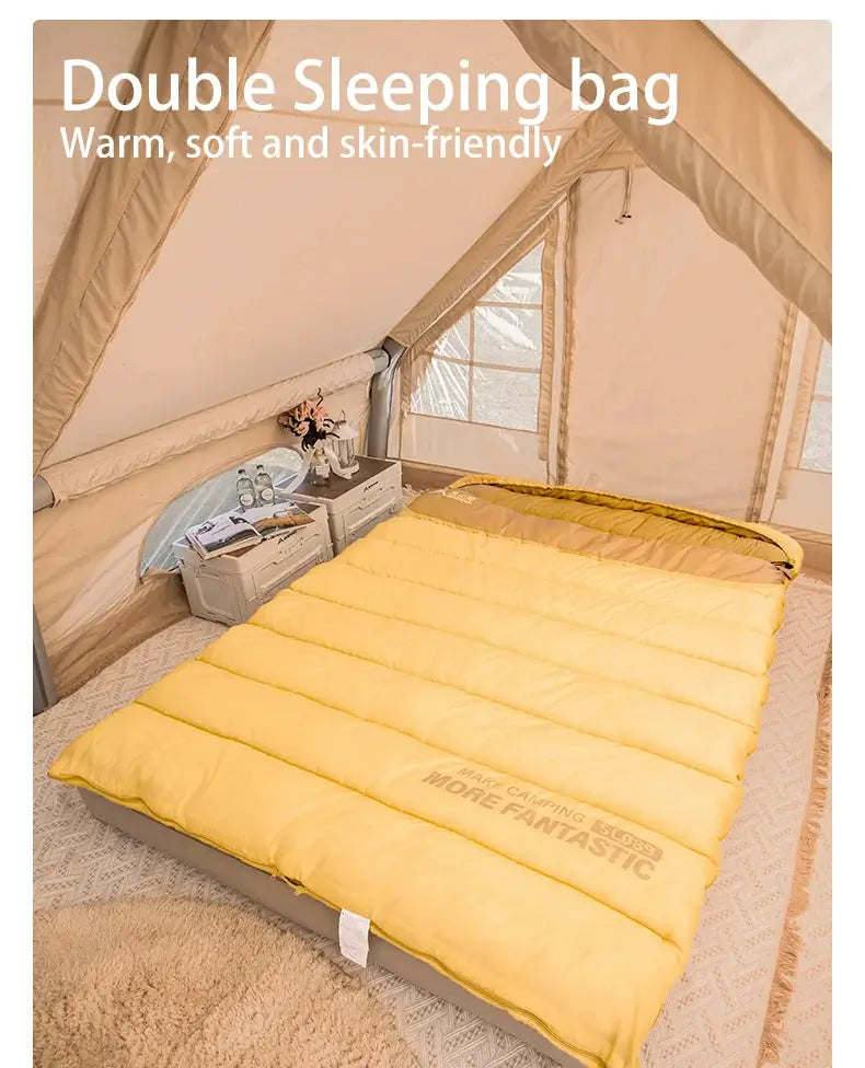 BISINNA 2-person camping sleeping bag in bright yellow; warm, soft and skin-friendly double bag for outdoor camping.