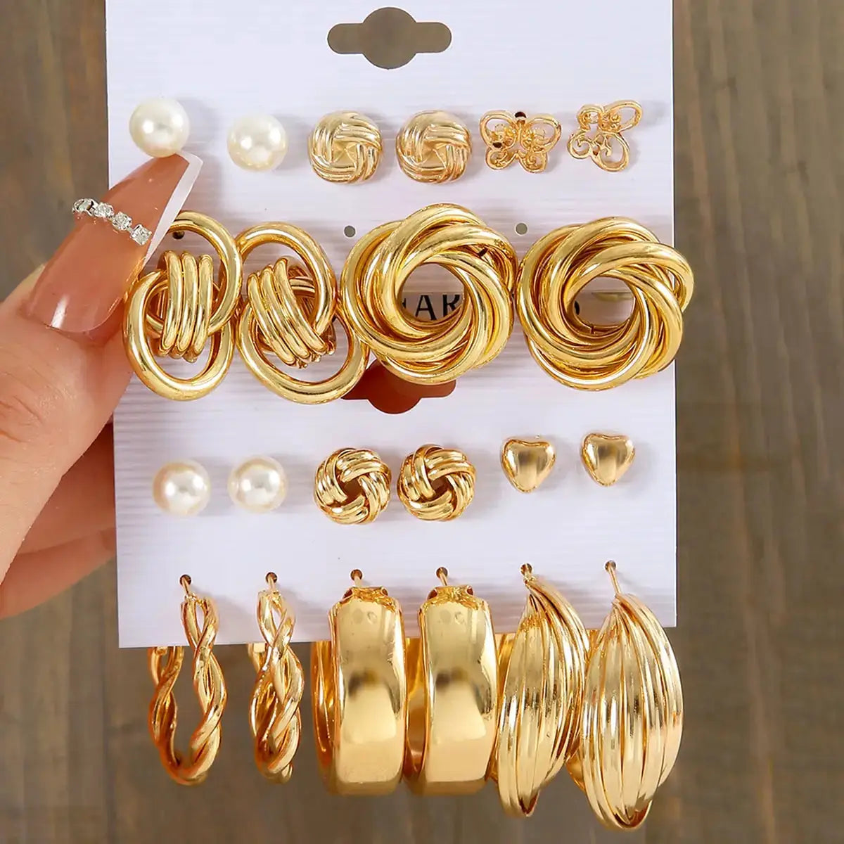 Earrings set: 11-pair gold-tone zinc alloy faux pearl rotating geometric earrings for women
