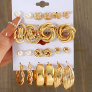 Earrings set: 11-pair gold-tone zinc alloy faux pearl rotating geometric earrings for women