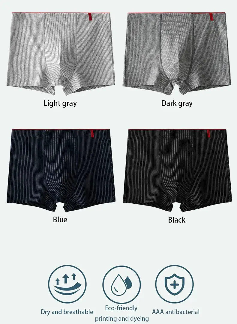 4-pack men's striped boxer briefs by Simples Market in light gray, dark gray, blue and black