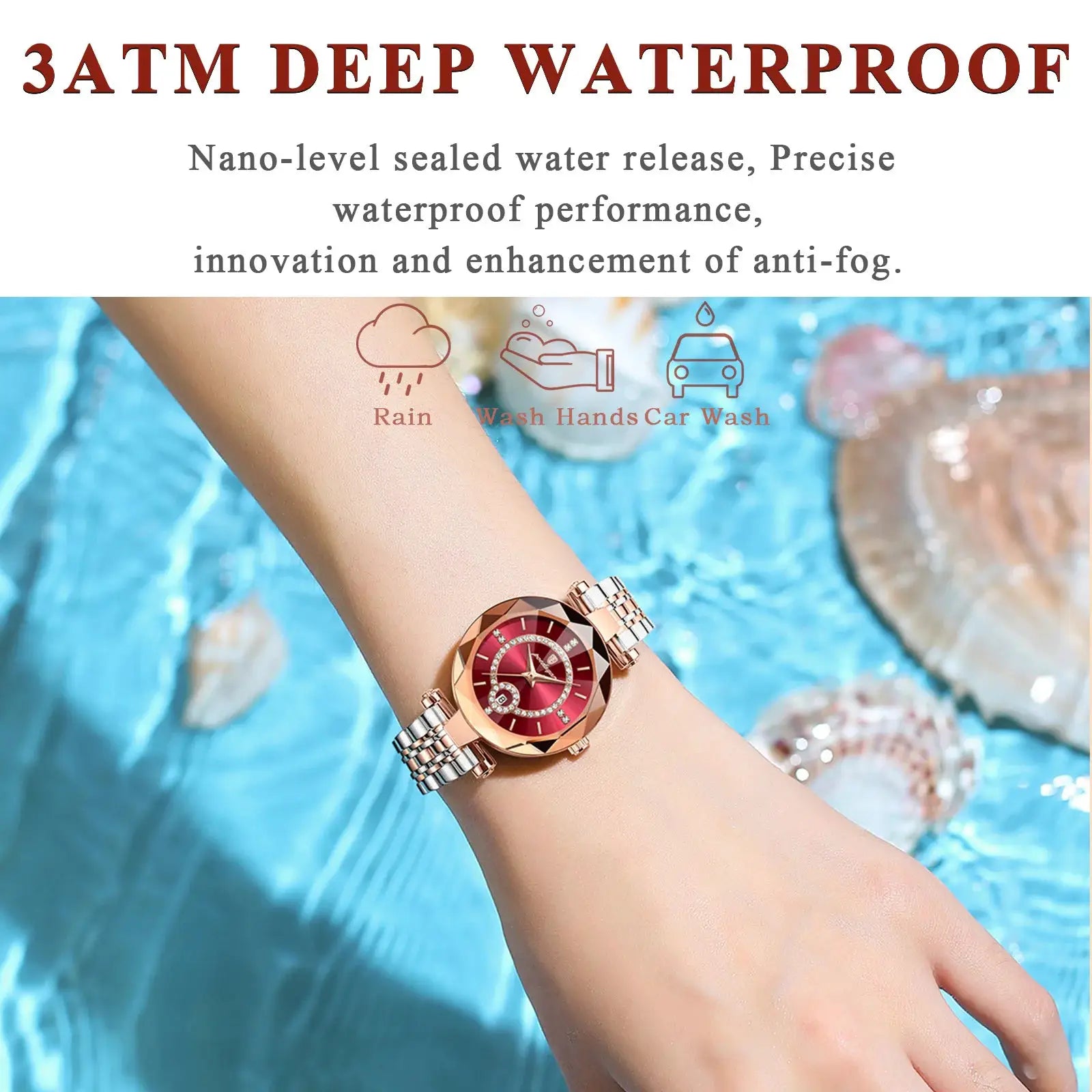 POEDAGAR rose-gold stainless steel ladies wristwatch with red dial