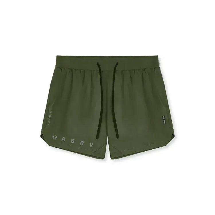 ASRV men's olive green quick-dry basketball shorts with drawstring and leg logo