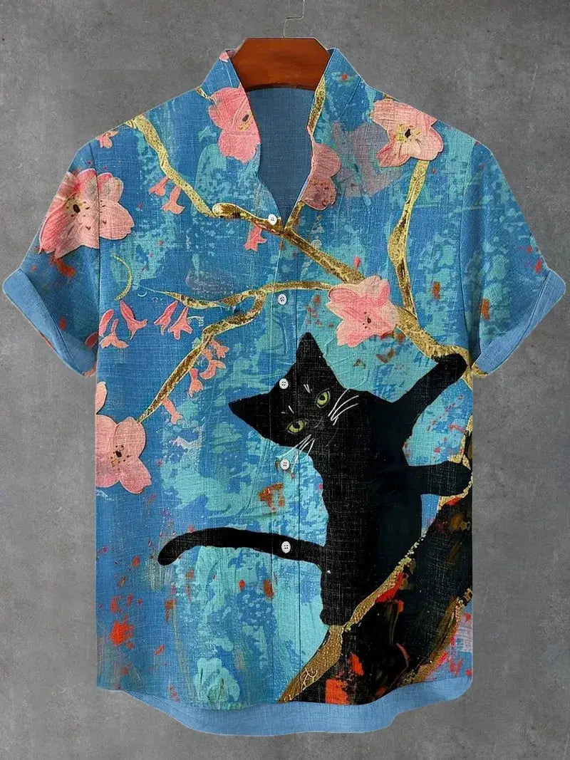 Men's cat graphic Hawaiian shirt; blue background with pink blossoms and a black cat; short sleeves, button-down.