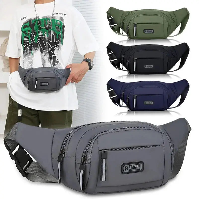 Men's canvas waistpack fanny pack with anti-theft, ultra-thin design; gray bag shown with green, black and navy color variants.