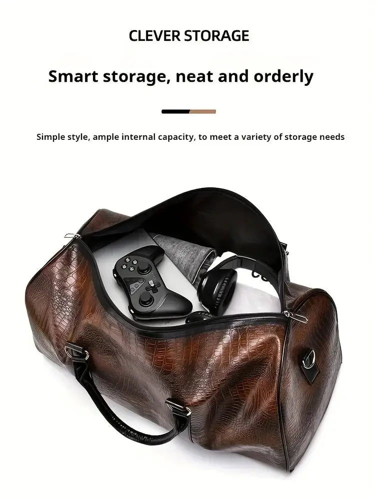 Brown crocodile-textured travel duffel bag, large capacity, open to reveal a game controller and headphones