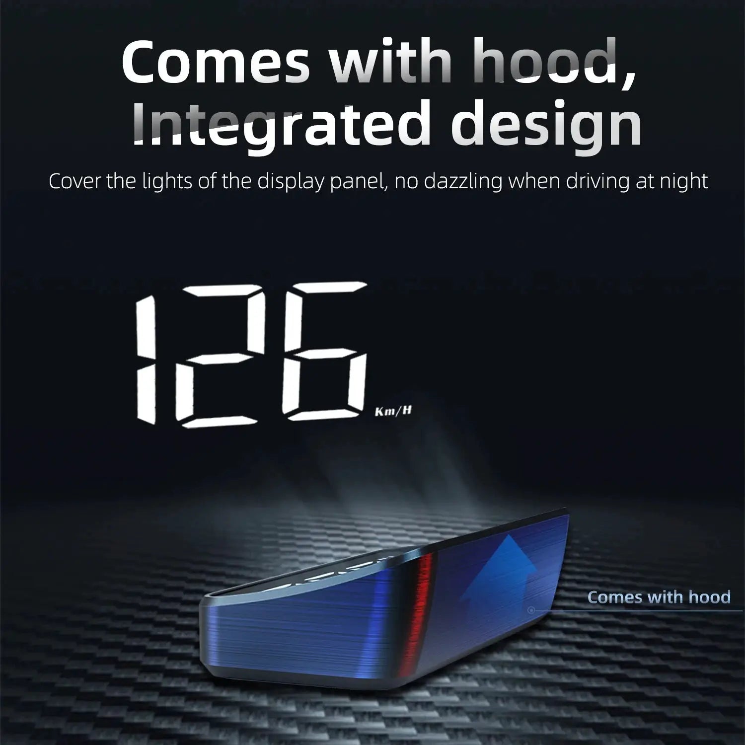 HD Car Head Up Display M2 GPS speedometer HUD by Simples Market; blue housing with integrated hood and windshield projector