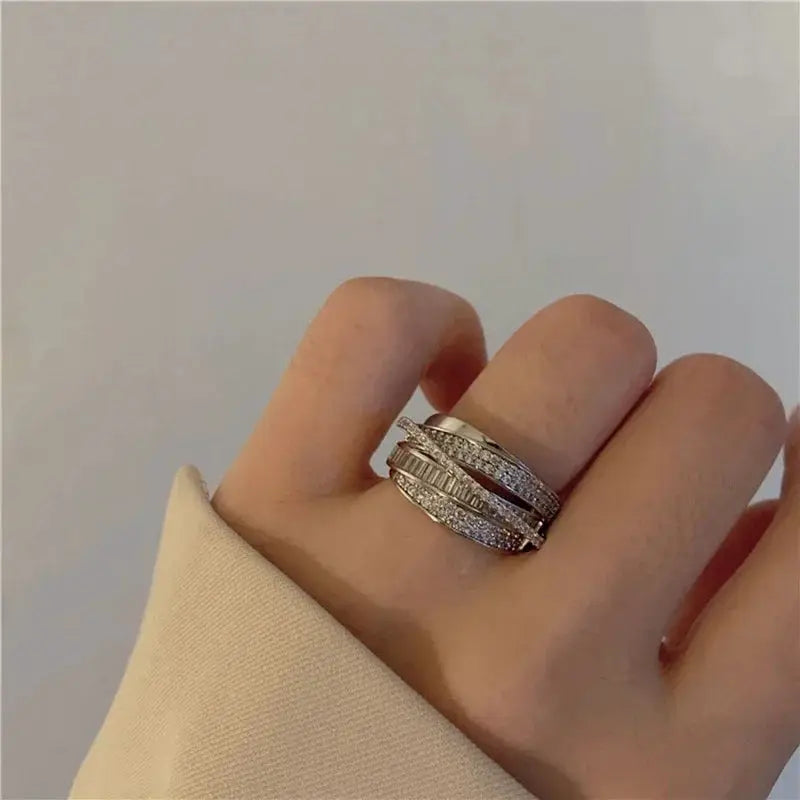 2024 Silver Color Rhinestone Ring Set For Women Multi Layer Winding Zircon Rings Wedding Fashion Jewelry Gift