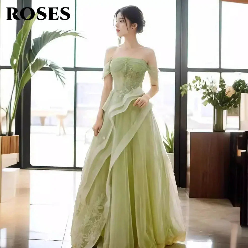 Roses Sage Green Prom Dress Appliques Tulle Tiered Pleats Sweetheart