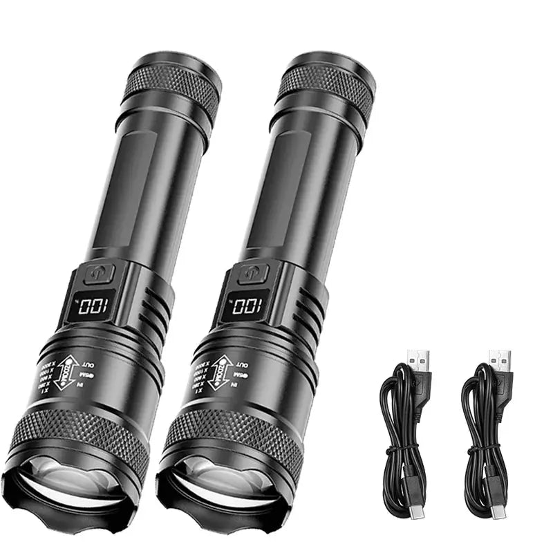 Rechargeable LED flashlights (2-pack) with LCD display, zoomable beam, black finish; USB charging cables included